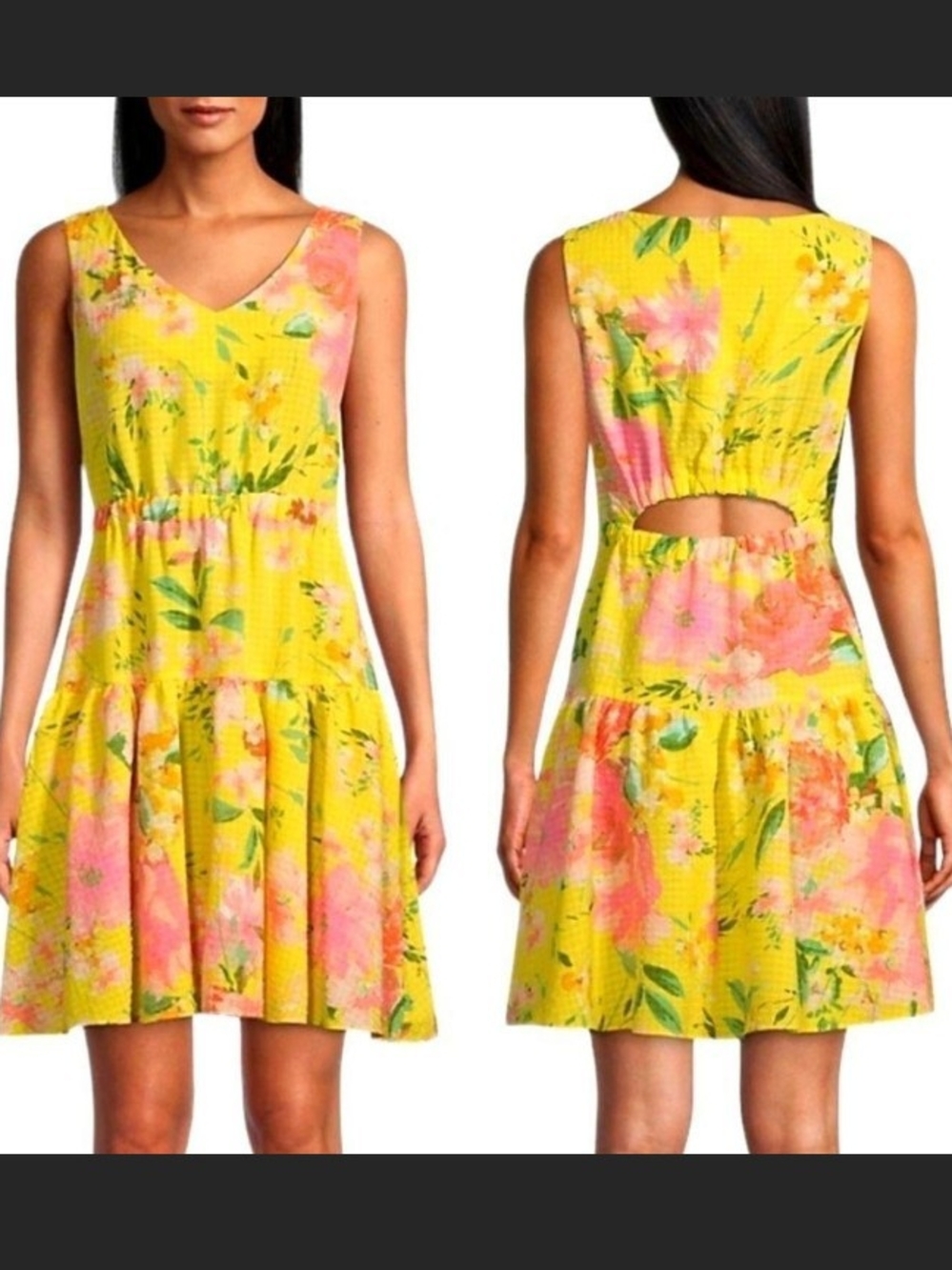 Maison Tara Yellow Floral V-Neck Dress with Open Back Cutout Sz. 12